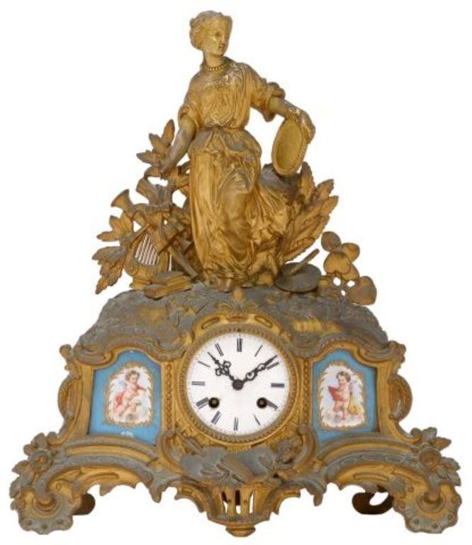 Appraisal: French gilt metal mantel shelf clock th c allegorical female