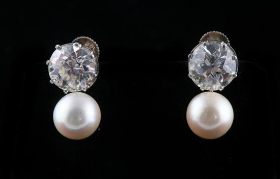 Appraisal: PAIR K WHITE GOLD DIAMOND AND CULTURED PEARL EARRINGS Each