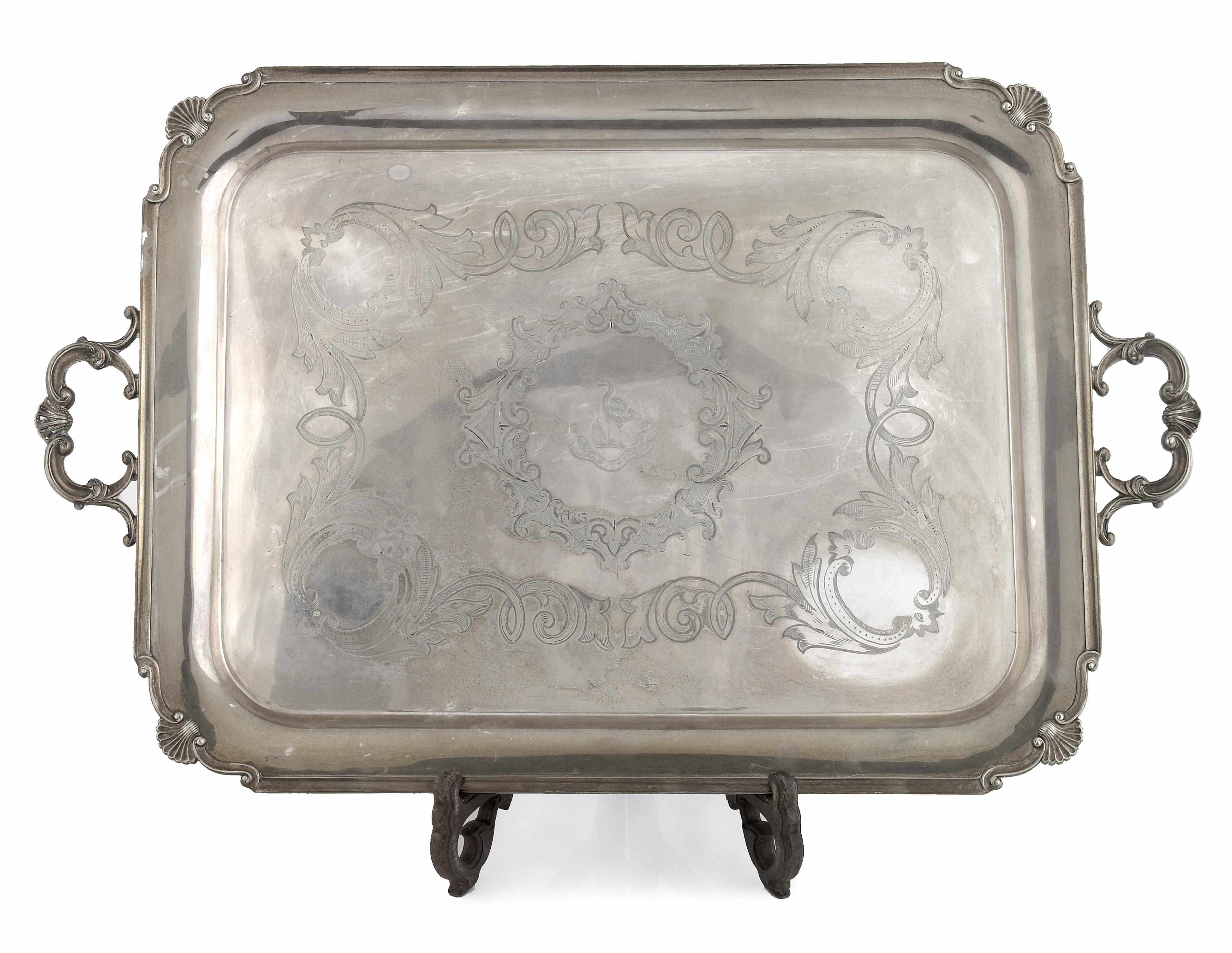 Appraisal: An English electroplated rectangular tea tray with engraved decoration Mappin