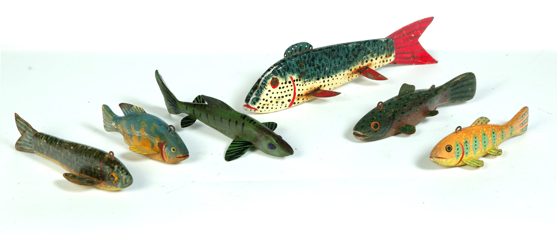 Appraisal: GROUP OF SIX FISH DECOYS - ONE INITIALED JS American