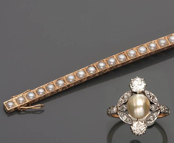 Appraisal: A pearl diamond and platinum-topped gold ring together with a