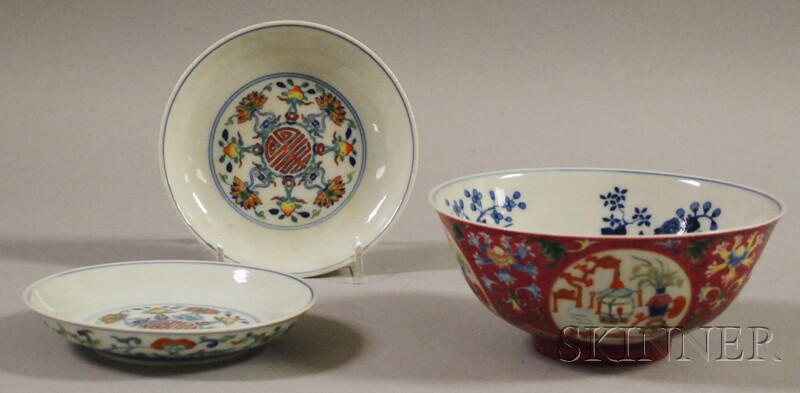 Appraisal: Pair of Small Chinese Doucai Porcelain Dishes and a Famille