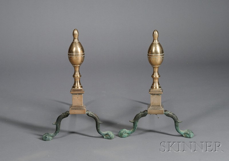 Appraisal: Pair of Federal Brass Bell Metal Lemon-Top Andirons probably New