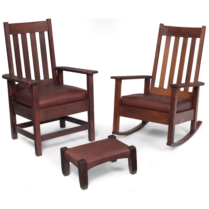 Appraisal: Stickley Brothers armchair rocker and footstool four vertical slats at