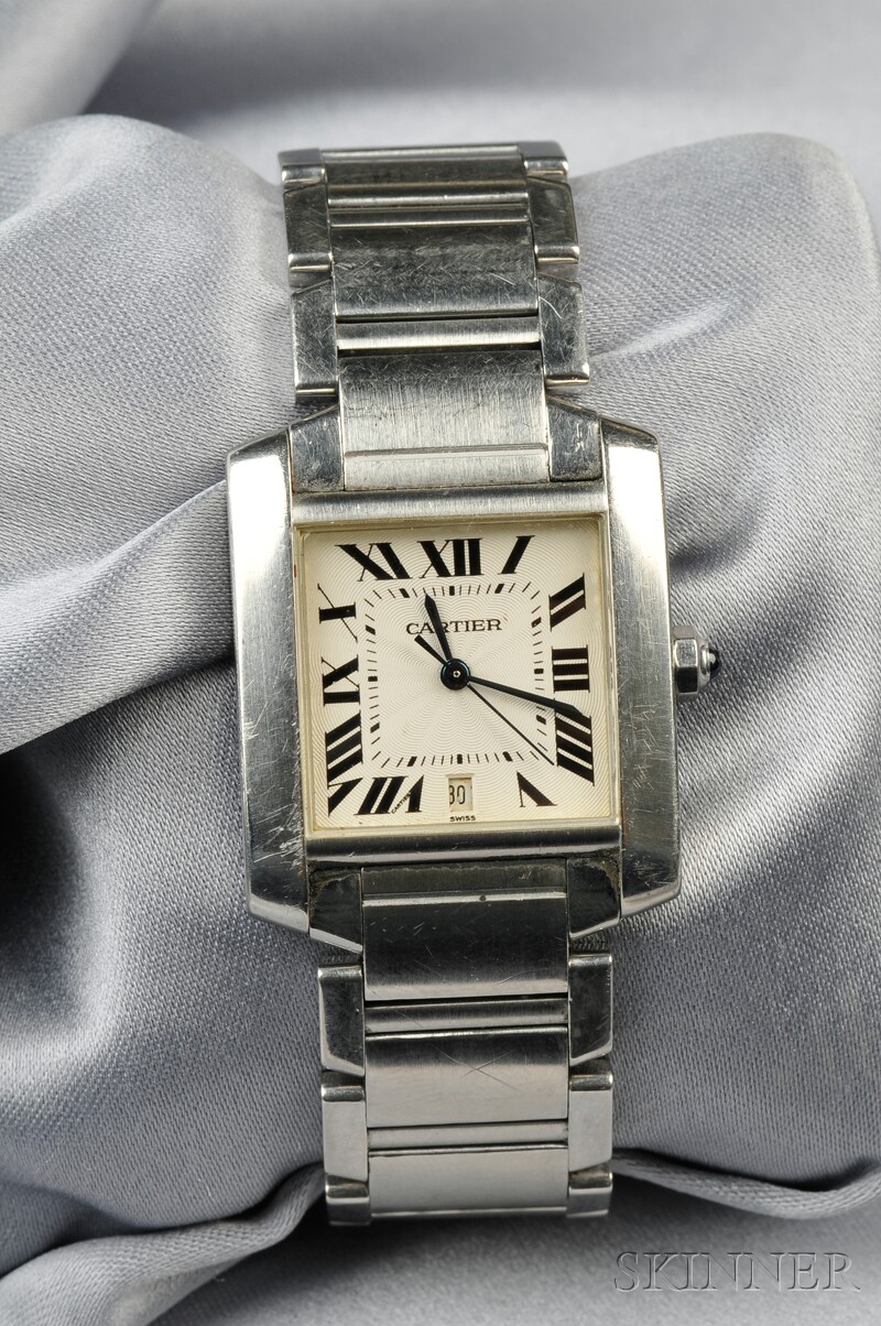 Appraisal: Stainless Steel Tank Francaise Wristwatch Cartier the ivory-tone guilloche enamel