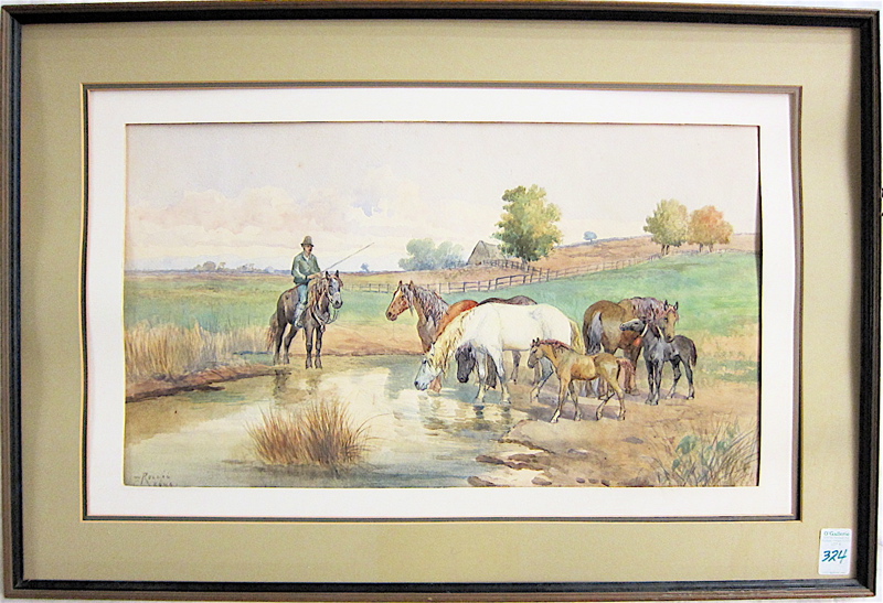 Appraisal: EQUESTRIAN PENCIL DRAWING AND WATERCOLOR Rome Italy farmer and farm