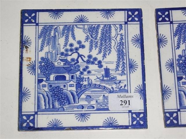 Appraisal: TWO VICTORIAN TILES blue and white willow pattern x