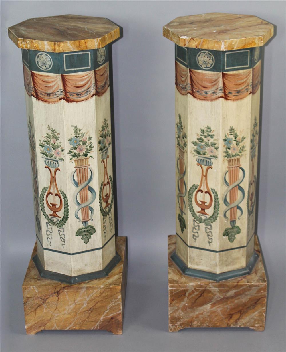 Appraisal: PAIR OF NEOCLASSICAL STYLE POLYCHROME PAINTED PEDESTALS having an octagonal