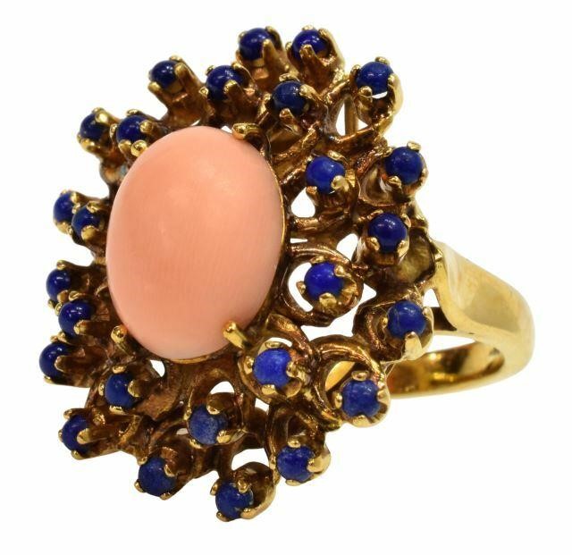 Appraisal: Estate kt yellow gold tested ring pink coral cabochon framed