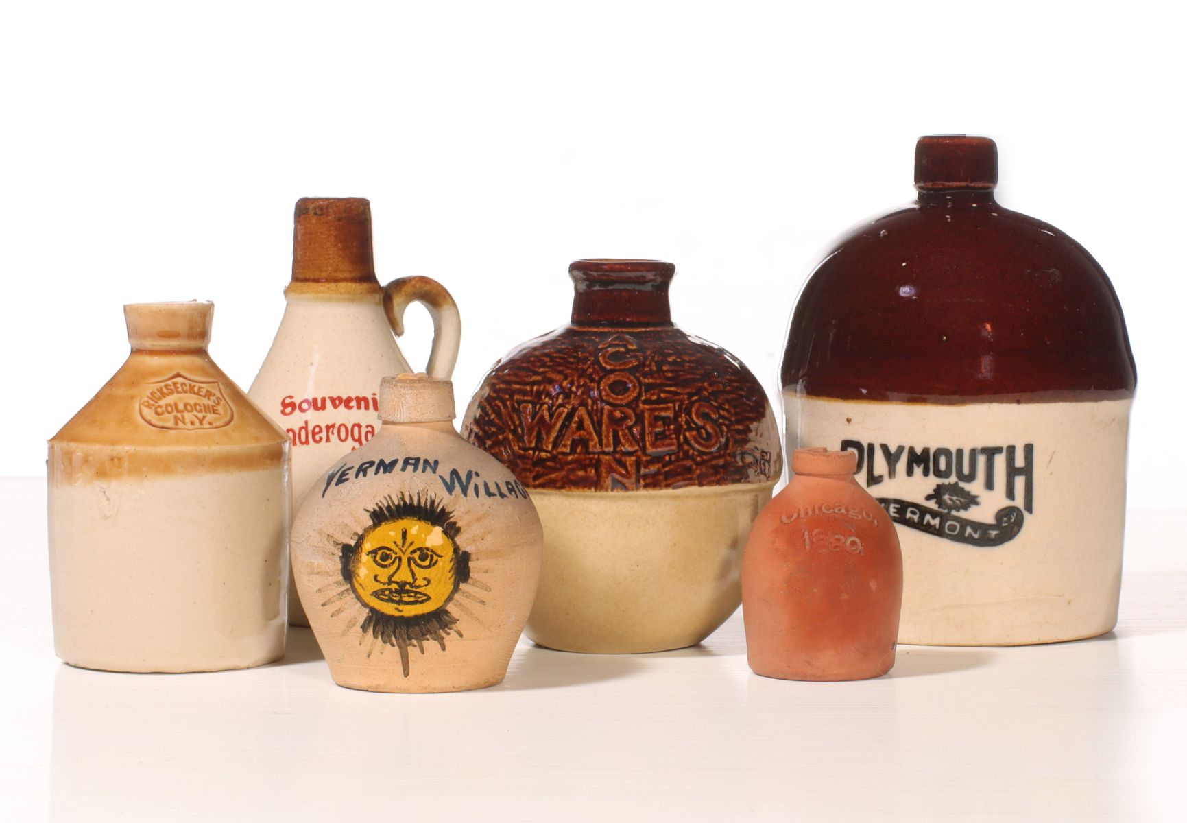 Appraisal: A COLLECTION OF SOUVENIR STONEWARE MINI JUGSSeven mini jugs as