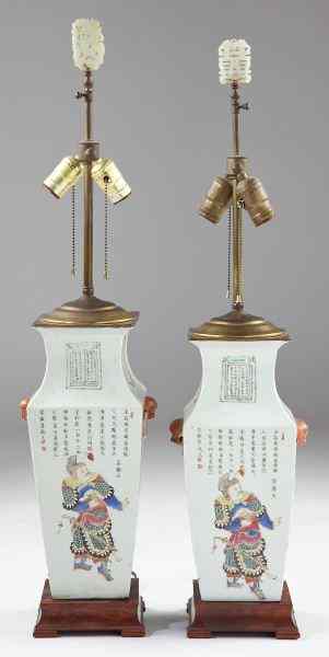 Appraisal: Pair of Chinese Poetry Jarsmounted as lamps four-sided form with