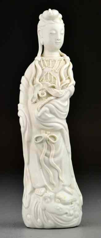 Appraisal: Chinese Qing Blanc De Chin Figure Of GuanyinFinely molded to