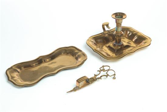 Appraisal: BRASS CHAMBERSTICK AND WICK TRIMMER WITH TRAY American th century