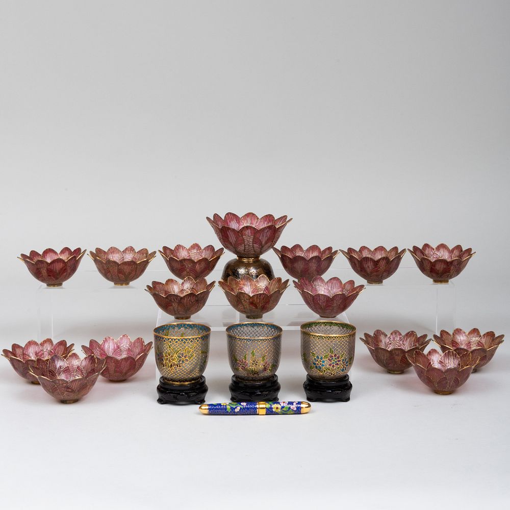 Appraisal: Group of Chinese Enamel Lotus Form Bowls and Teacups Comprising