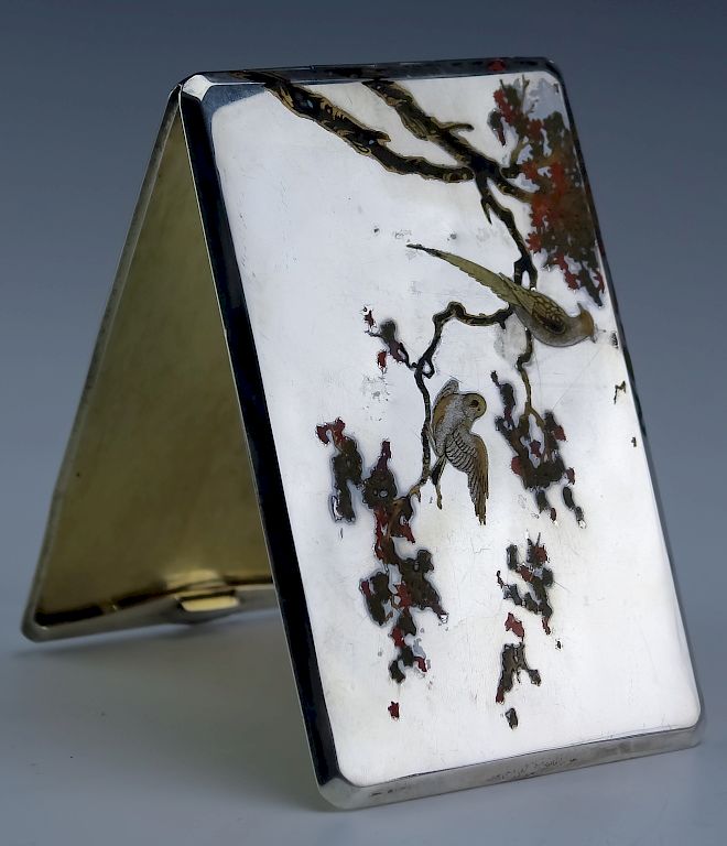 Appraisal: Japanese Silver Card Holder Case with Birds SIGNED Fine Japanese