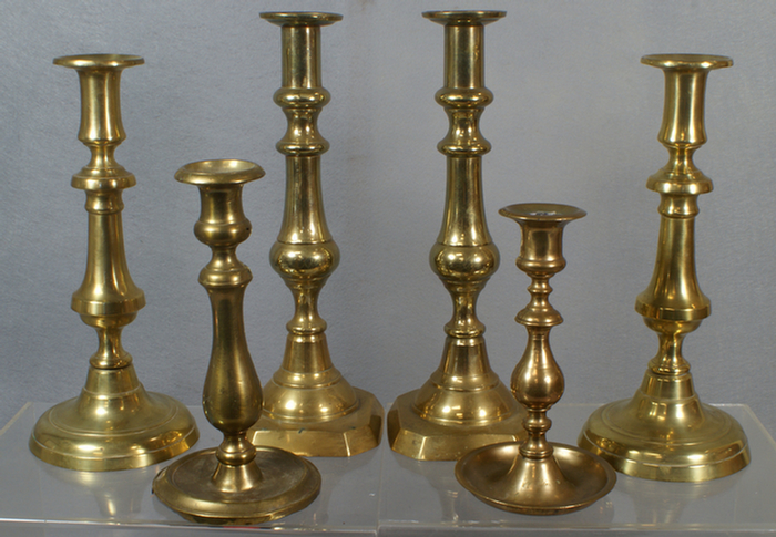 Appraisal: pr early pushup brass candlesticks tallest with early brass single