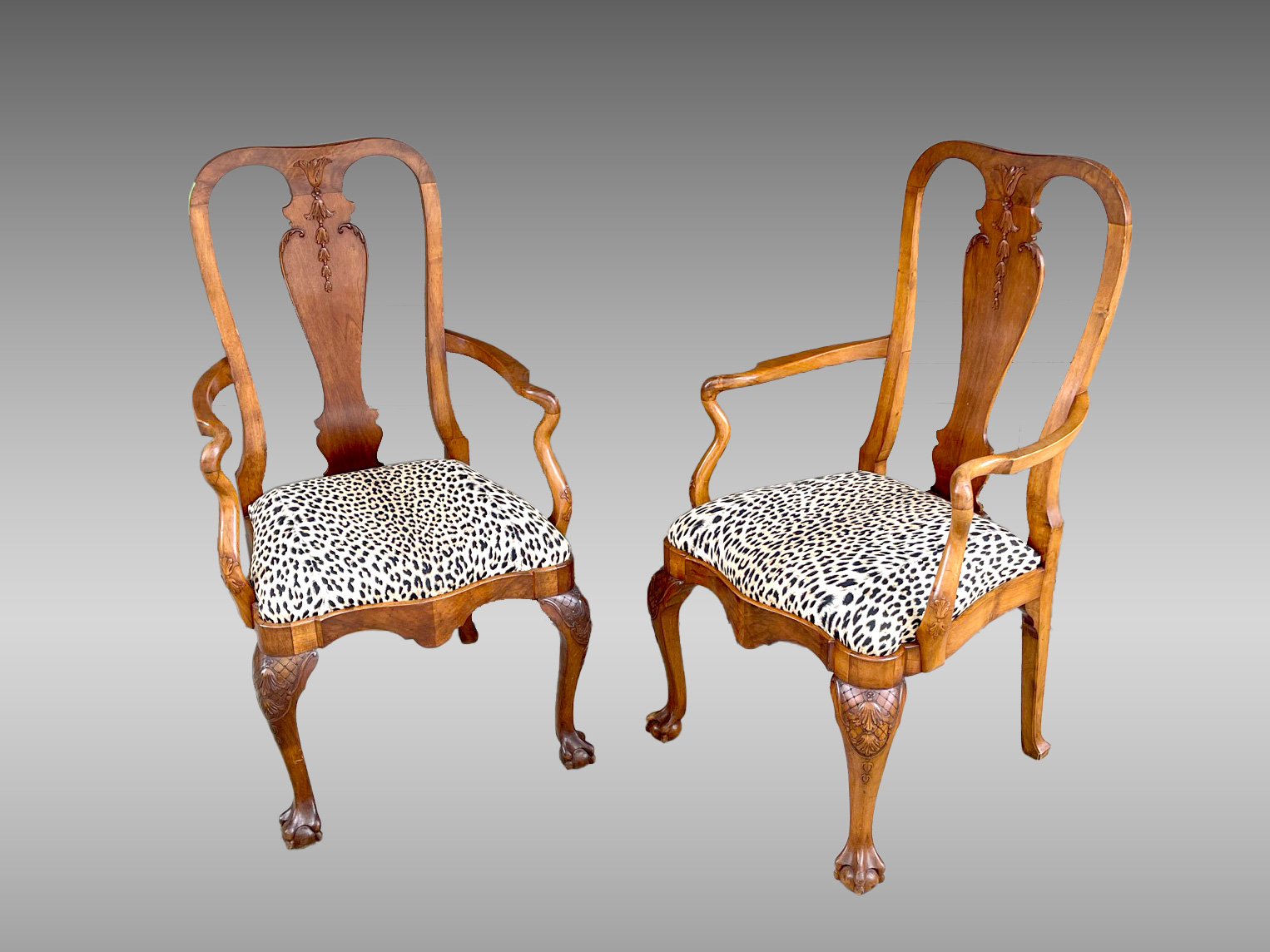 Appraisal: PR OF QUEEN ANNE CHAIRS WITH LEOPARD UPHOLSTERY Raised on