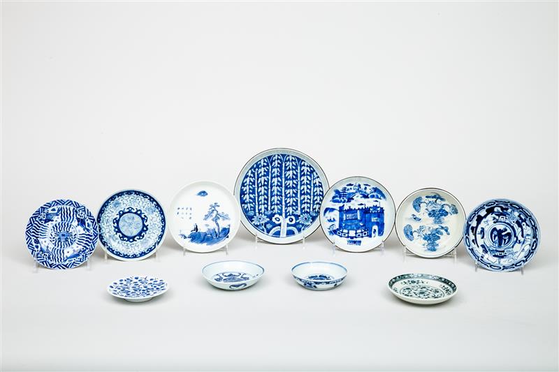 Appraisal: Group of Three Modern Chinese Copper-Rimmed Blue and White Porcelain