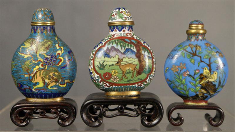 Appraisal: cloisonne purse shaped snuff bottles various landscape animal and object