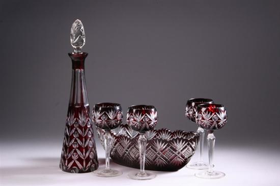 Appraisal: SIX PIECES BOHEMIAN BURGUNDY CUT-TO-CLEAR GLASS Early th century Including