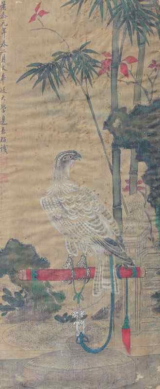 Appraisal: EARLY ORIENTAL PAINTING ON FABRIC OF A FALCON Sight size