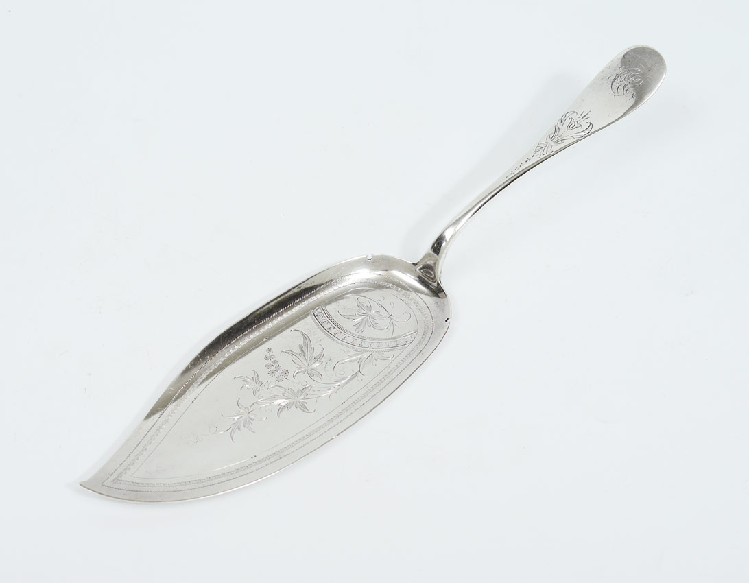 Appraisal: BIGELOW KENNARD ENGRAVED STERLING CAKE SERVER Engraved foliated motifs monogrammed