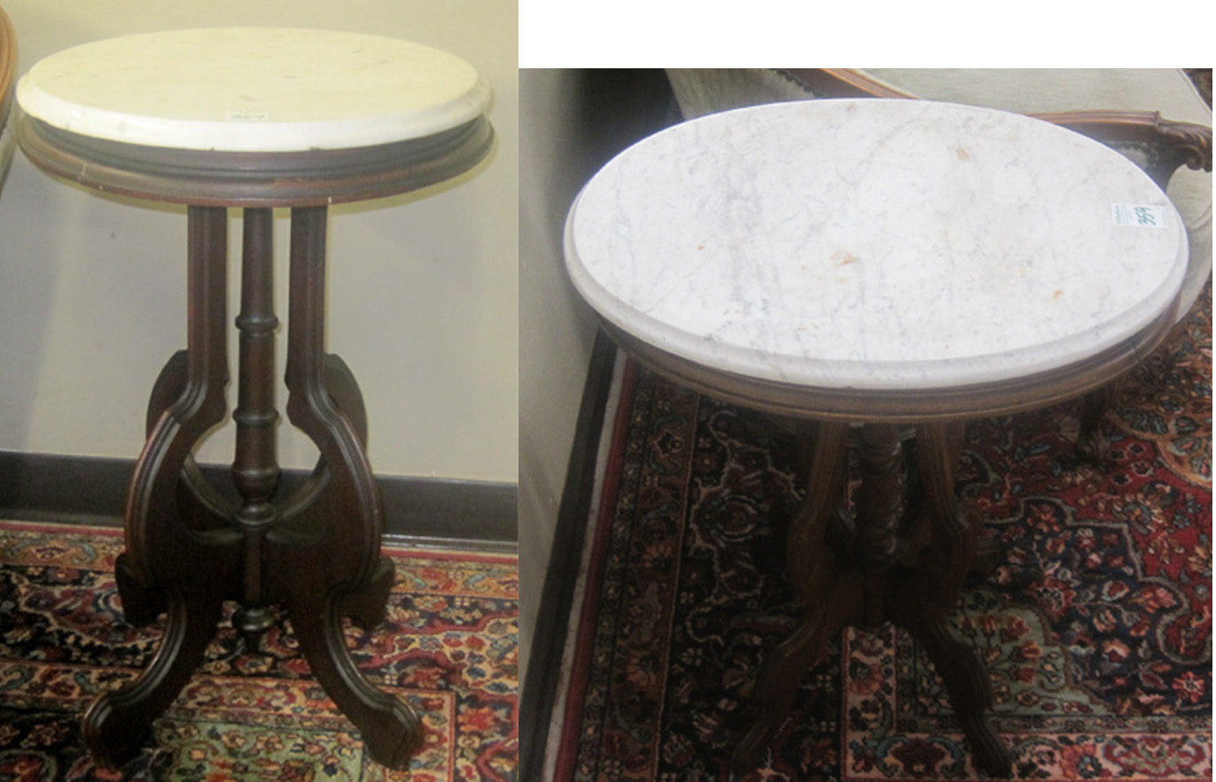 Appraisal: TWO VICTORIAN MARBLE-TOP WALNUT LAMP STANDS American late th century