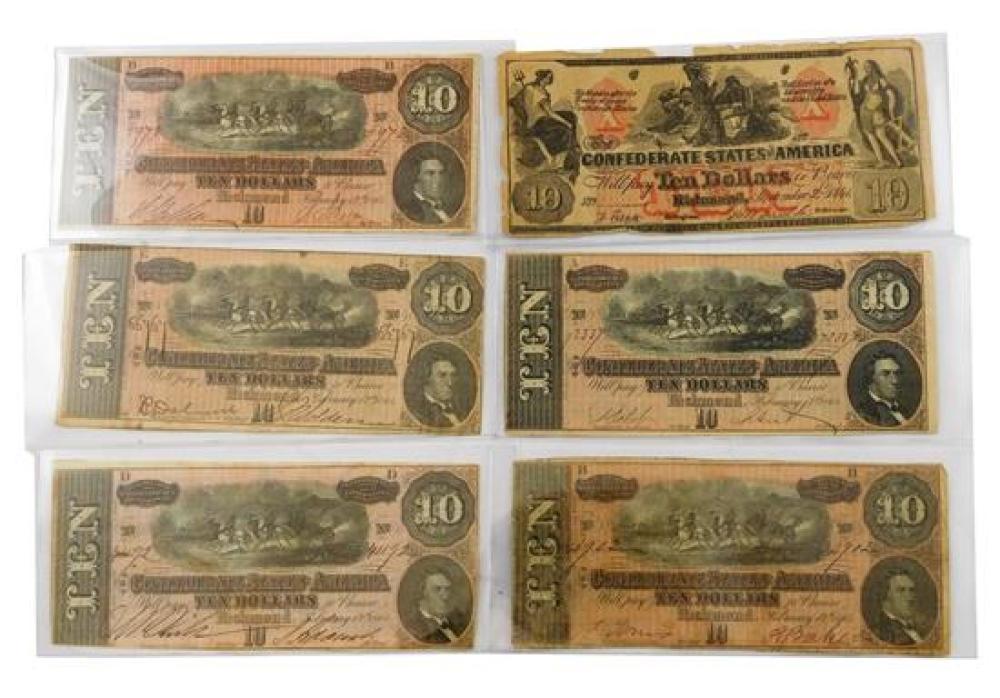 Appraisal: Six Confederate bank notes including five notes from the seventh