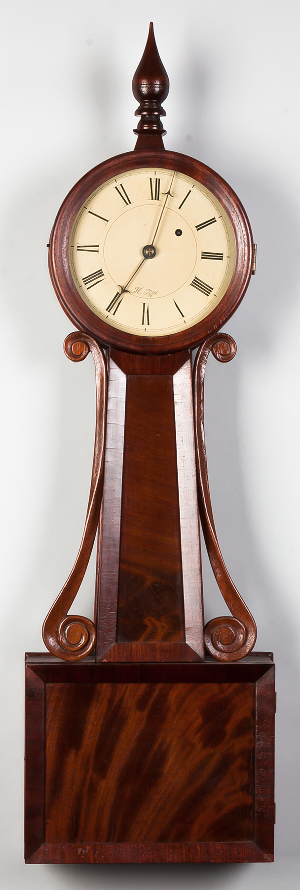 Appraisal: H Tifft Banjo Clock Mahogany case Painted metal dial has