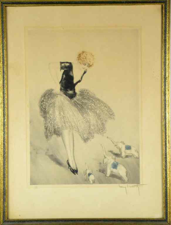 Appraisal: Louis Icart Etching ''Elephants''Depicting a young lady lifting up her