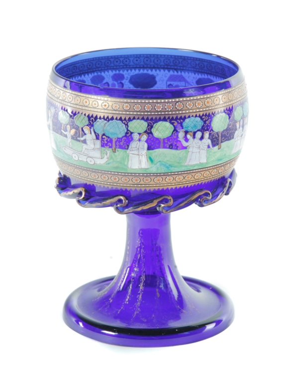 Appraisal: BLOWN AND ENAMELED COBALT GOBLET European possibly Venetian th century