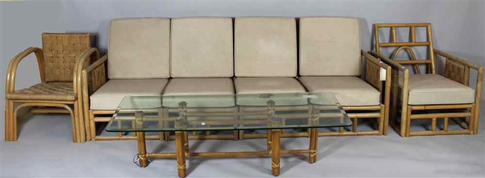 Appraisal: MCGUIRE WHITE PAINTED RATTAN SOFA with laminated orange and yellow