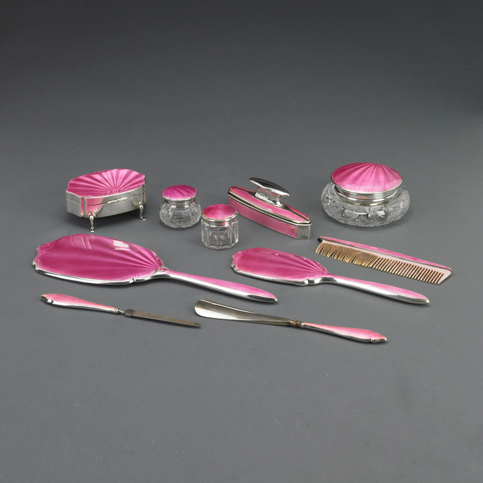 Appraisal: English Silver and Rose Guilloche Enamel Dressing Table Set Charles