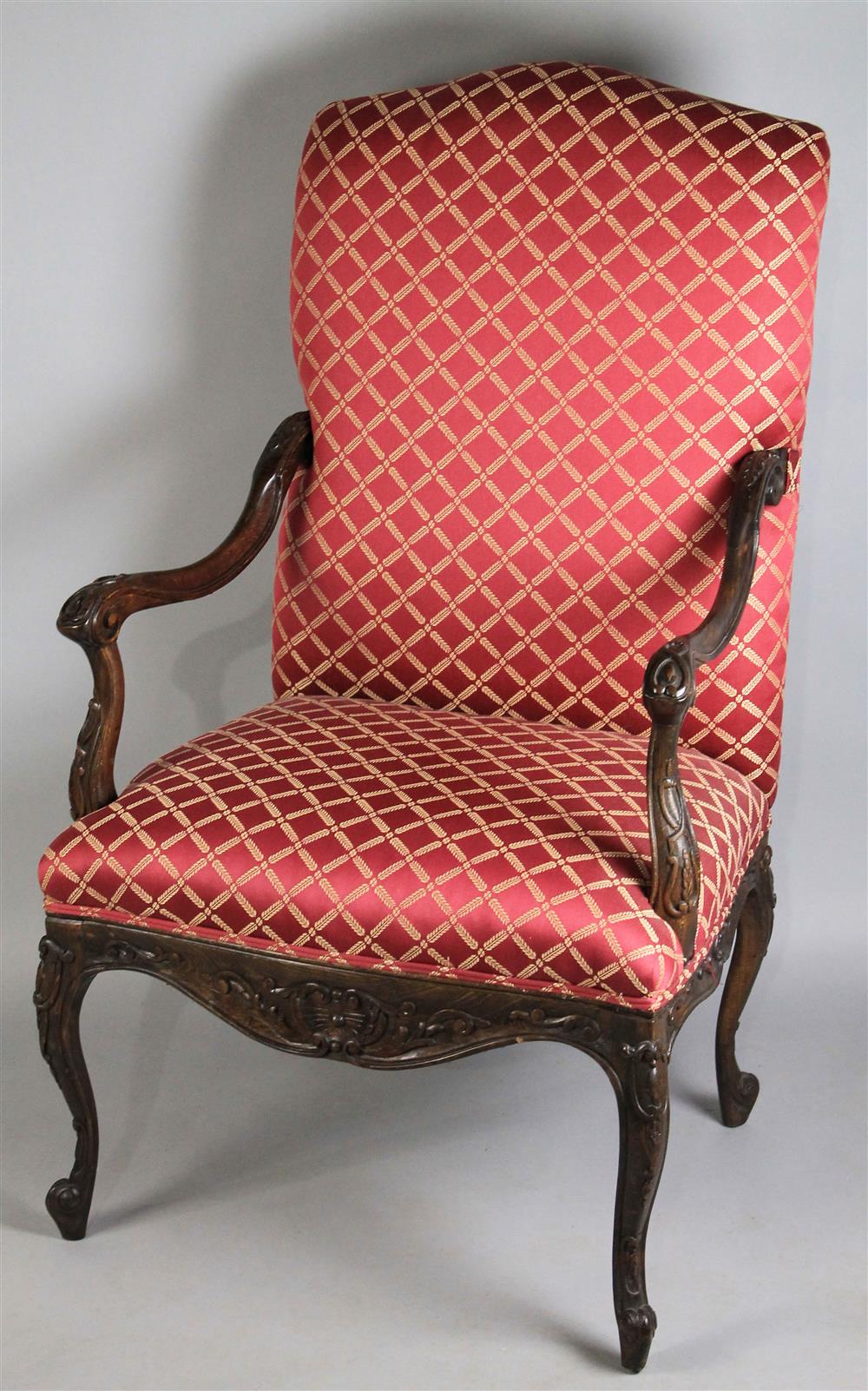 Appraisal: LOUIS XV STYLE OAK CARVED OPEN ARMCHAIR WITH BURGUNDY UPHOLSTERY