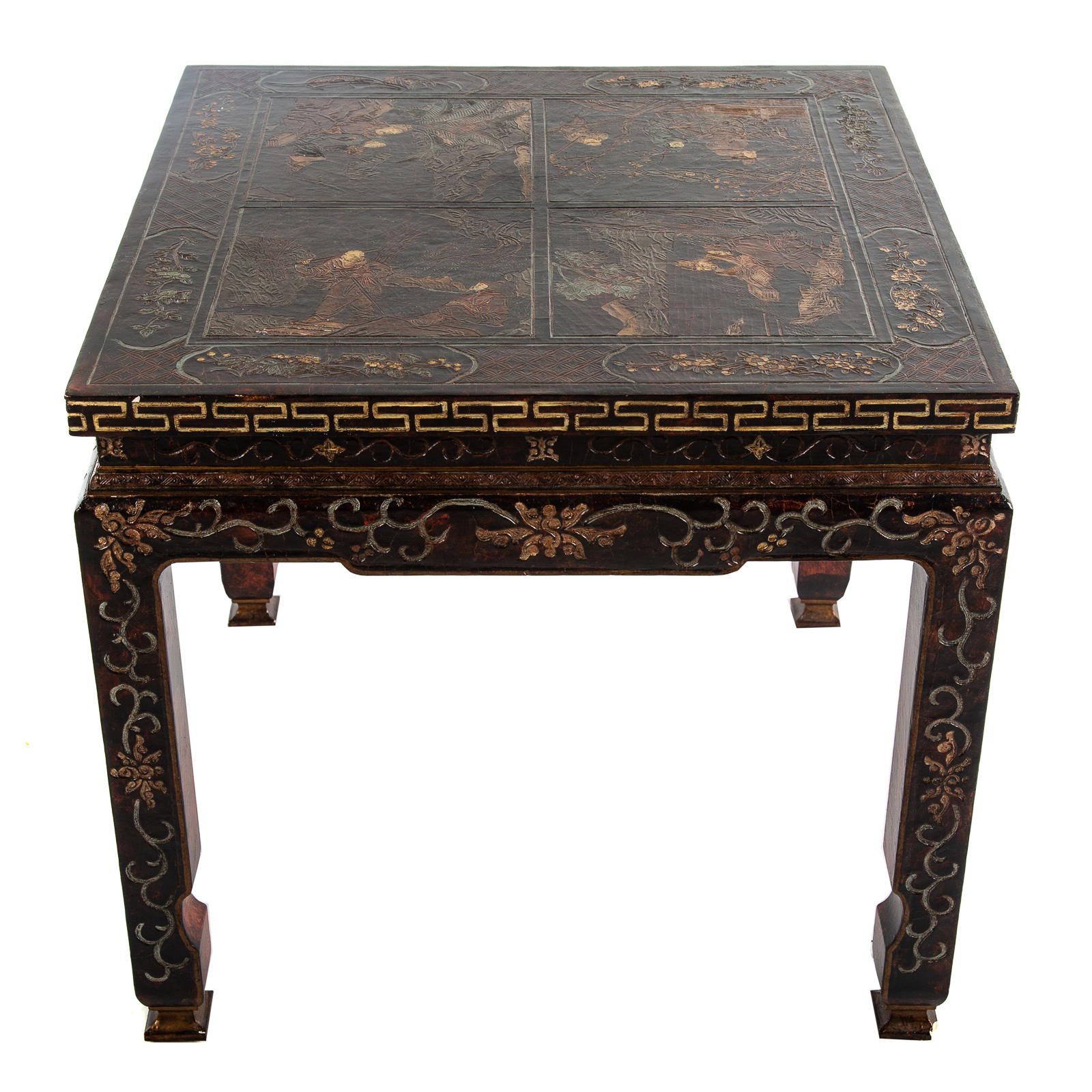 Appraisal: BAKER CHINOISERIE STYLE END TABLE Elaborately decorated with figures on