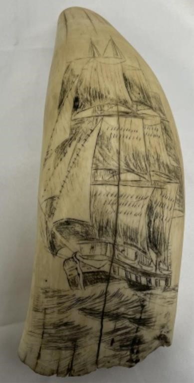 Appraisal: EARLY TH C MONOCHROME SCRIMSHAW WHALE'S TOOTH depicts a ship