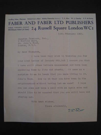 Appraisal: ELIOT T S Typed letter signed to Dunstan Thompson London