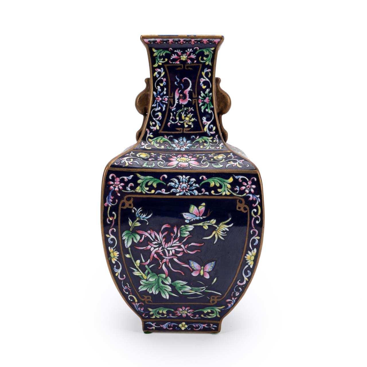 Appraisal: CHINESE FAMILLE NOIRE FANGHU THREE PLENTIES VASE Chinese Famille Noire