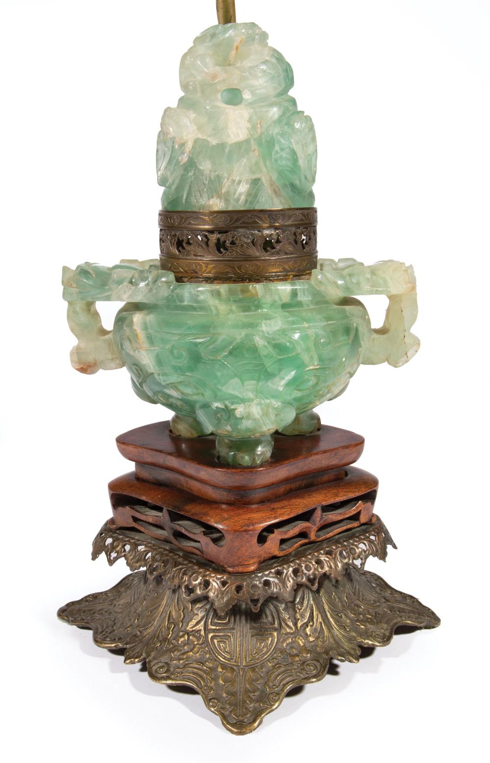 Appraisal: Chinese Brass-Mounted Carved Fluorite Tripod Censer c s reticulated cover