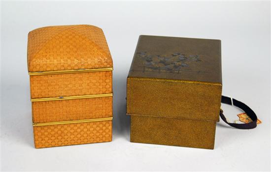 Appraisal: TWO JAPANESE LACQUER STORAGE BOXES one with pewter and gilt