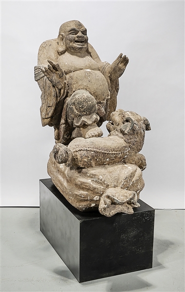 Appraisal: Chinese plaster-coated wood sculpture of a Budhai with foot atop