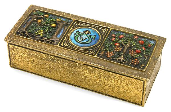 Appraisal: A Tiffany Studios enameled bronze Bookmark utility box - intaglio