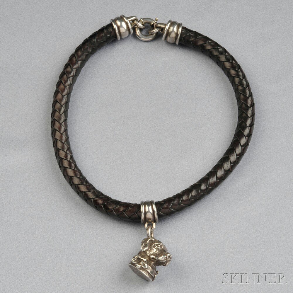 Appraisal: Sterling Silver and Leather Collar Kieselstein-Cord the braided collar suspending