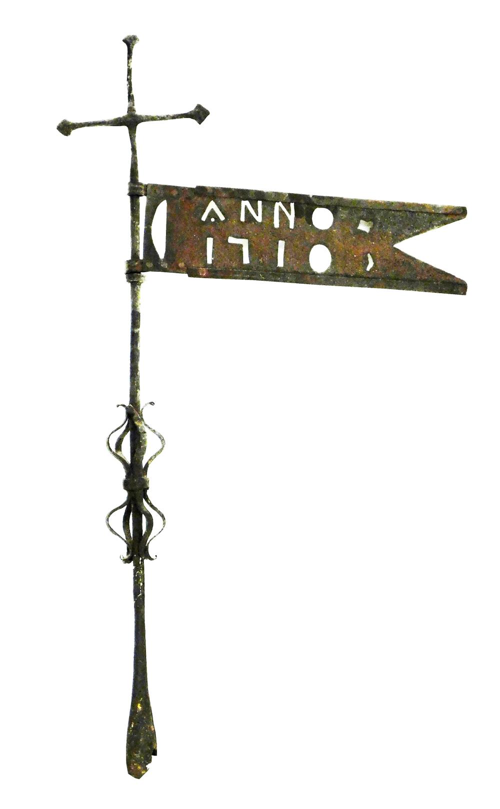 Appraisal: Flag banner weathervane Anno wrought iron with ornamentation below banner