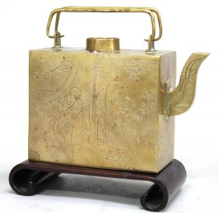 Appraisal: Chinese Rectangular Brass Teapot Depicting two gentleman at leisure within