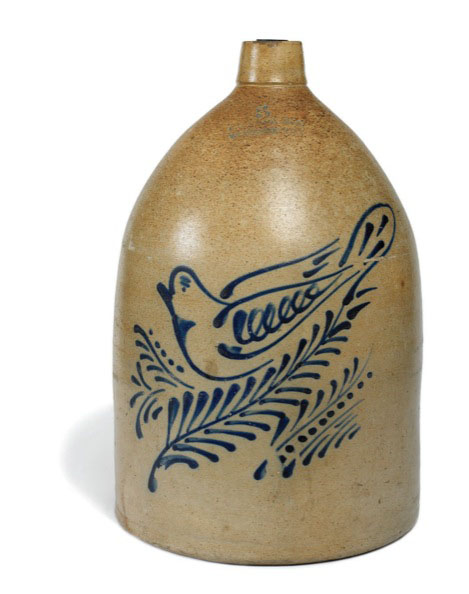 Appraisal: STONEWARE JUG WITH COBALT DECORATION OF BIRD ON A BOUGH