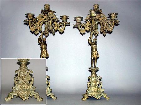 Appraisal: Pair of Renaissance Style Bronze Figural Five-Light Candelabra Estimate -