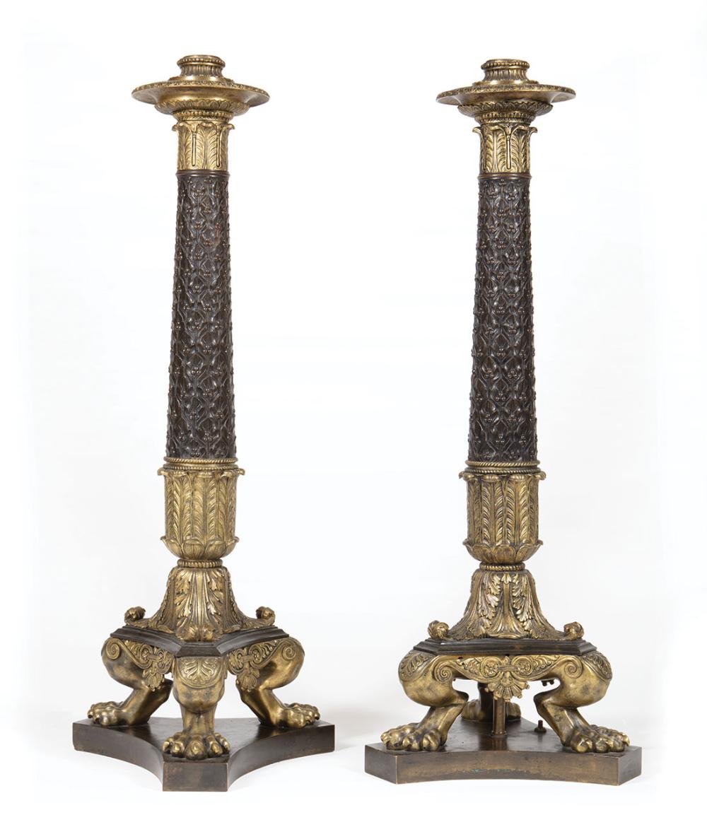 Appraisal: Pair of Large Charles X-Style Bronze Lamps th c tripartite