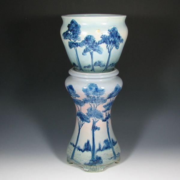 Appraisal: Weller Jap Birdimal jardiniere and pedestal with wooded scenes with