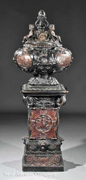 Appraisal: A Large Rococo-Style Bronze Urn on Pedestal lid with finial